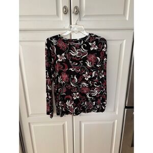 Chicos Womens Red Black White Floral Scroll Long Sleeve Top Size 0 Small